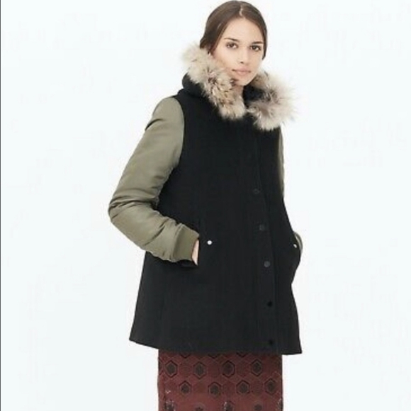 Sandro Wool Hooded Parka with Raccoon Fur in Black/Army - Picture 1 of 10